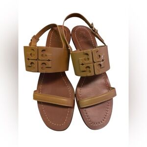 Tory Burch Lowell Tan Strappy Logo Block Heel Sandals Size 8.5